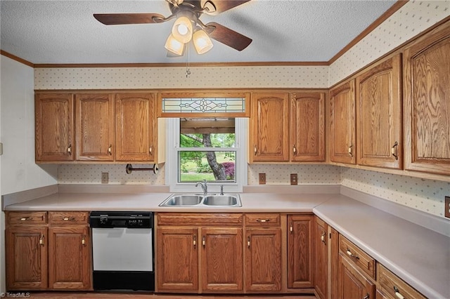 4904 Kacia Ct, Greensboro, NC 27407 - kitchen with a textured ceiling, crown molding, dishwasher, a sink, and wallpapered walls