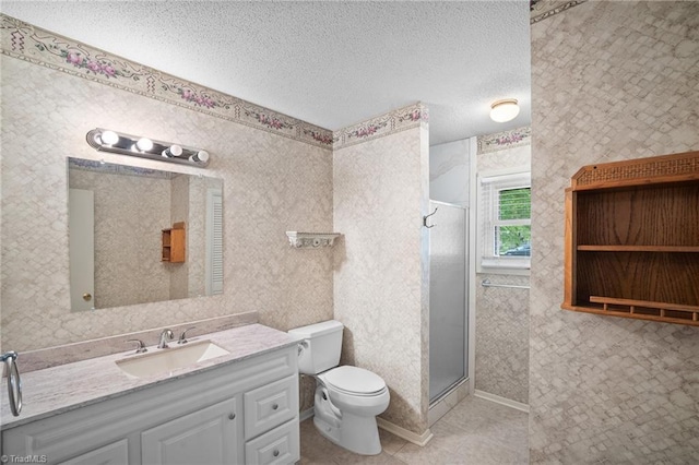 4904 Kacia Ct, Greensboro, NC 27407 - full bathroom featuring a textured ceiling, tile patterned flooring, a stall shower, vanity, and toilet