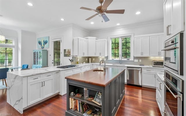 kitchen with kitchen peninsula, appliances with stainless steel finishes, a kitchen island with sink, white cabinets, and dark hardwood / wood-style flooring