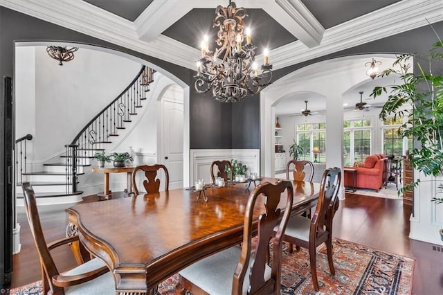 dining room with beam ceiling, dark hardwood / wood-style floors, crown molding, and coffered ceiling