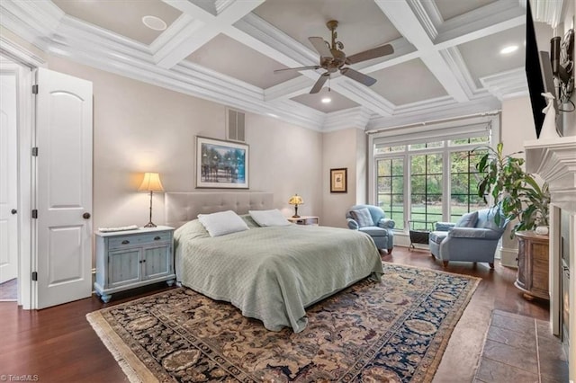 bedroom featuring ceiling fan, ornamental molding, dark hardwood / wood-style flooring, and coffered ceiling