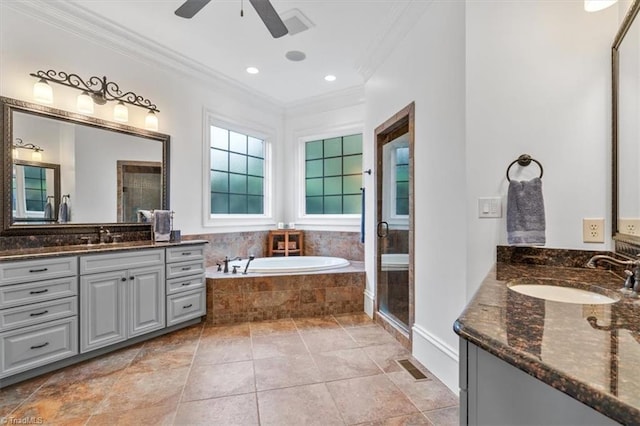 bathroom featuring ceiling fan, vanity, plus walk in shower, and crown molding