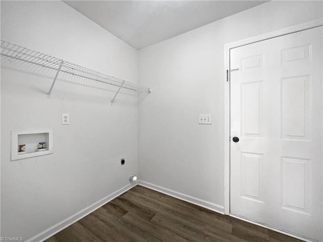 washroom with baseboards, dark wood finished floors, laundry area, hookup for a washing machine, and electric dryer hookup