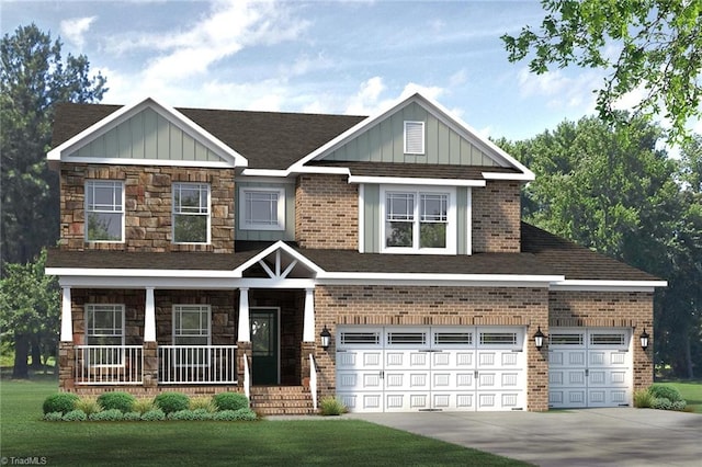 craftsman house featuring a porch, board and batten siding, concrete driveway, and a garage