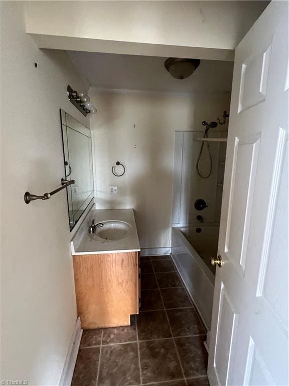 bathroom with shower / tub combination, tile patterned flooring, and vanity