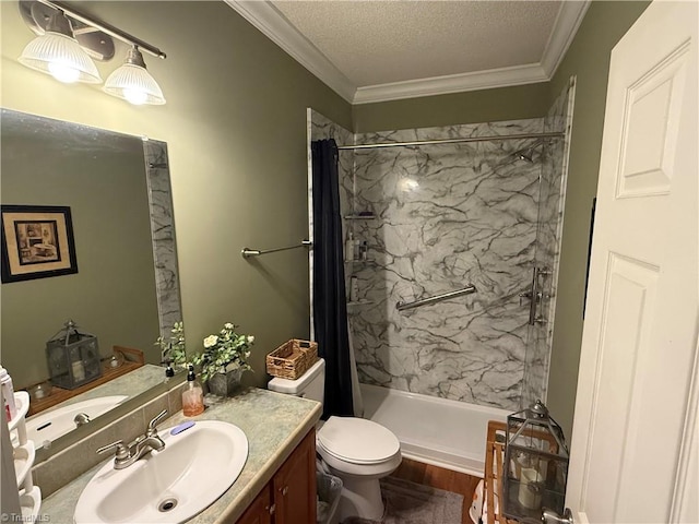 bathroom featuring a marble finish shower, vanity, toilet, wood finished floors, and ornamental molding