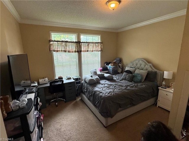 bedroom featuring crown molding, light colored carpet, an office area, and a textured ceiling