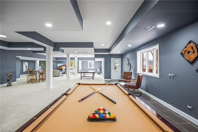 recreation room with billiards, carpet floors, and decorative columns