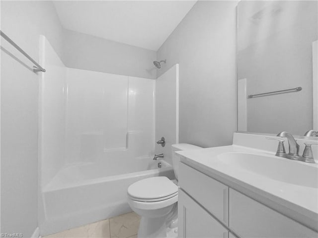 bathroom with vanity,  shower combination, toilet, and marble finish floor