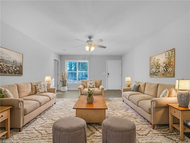 living room with a ceiling fan