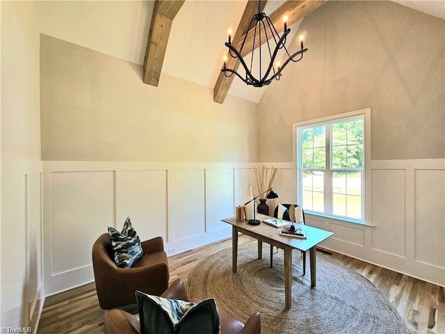 LOT121 N Holden Rd, Greensboro, NC 27410 - home office with a decorative wall, a chandelier, beamed ceiling, wainscoting, and high vaulted ceiling