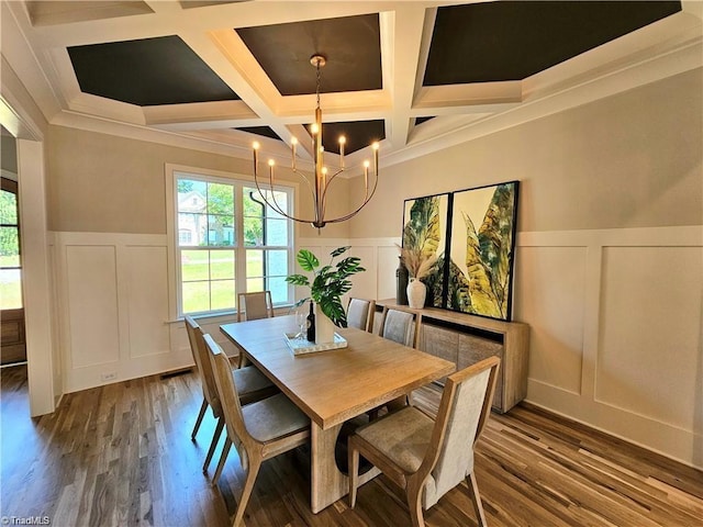 LOT121 N Holden Rd, Greensboro, NC 27410 - dining area with a decorative wall, coffered ceiling, a chandelier, a wainscoted wall, and wood finished floors