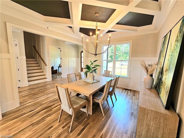 LOT121 N Holden Rd, Greensboro, NC 27410 - dining area featuring stairway, a decorative wall, coffered ceiling, wood finished floors, and a chandelier