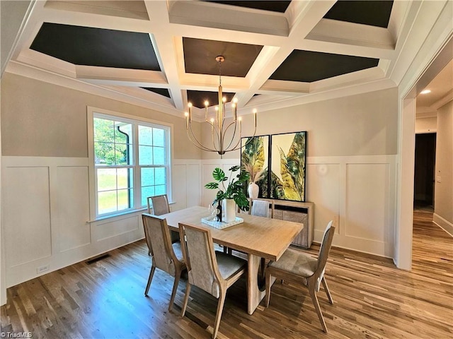 LOT121 N Holden Rd, Greensboro, NC 27410 - dining space with a decorative wall, a chandelier, wood finished floors, coffered ceiling, and wainscoting