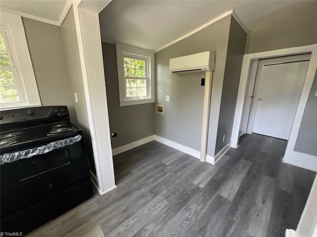 kitchen featuring a wall mounted AC, black electric range oven, dark wood-type flooring, and ornamental molding