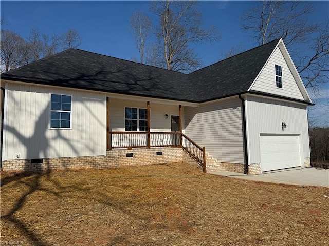 view of front facade with driveway, covered porch, a shingled roof, a garage, and crawl space