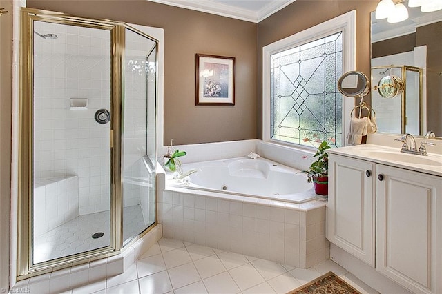 bathroom featuring vanity, crown molding, independent shower and bath, and tile patterned floors