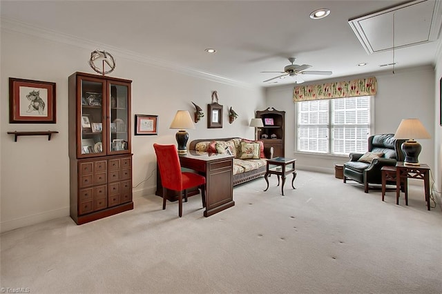 living room featuring crown molding, light carpet, and ceiling fan