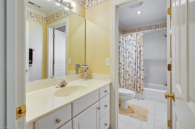 full bathroom with shower / bath combination with curtain, toilet, ornamental molding, vanity, and tile patterned floors