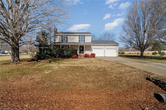 view of front of property featuring a porch, a garage, and a front lawn