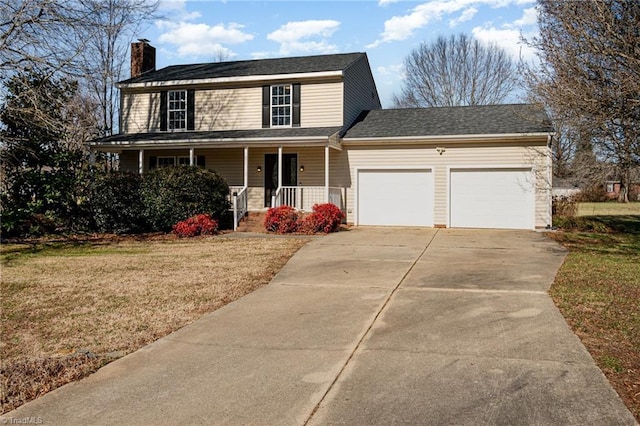 view of front facade with a garage, covered porch, and a front yard