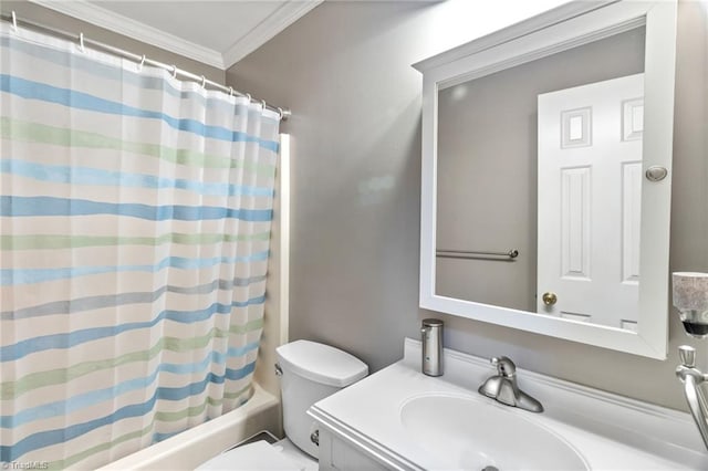 516 John St, Eden, NC 27288 - bathroom featuring toilet, ornamental molding, shower / bath combo with shower curtain, and vanity