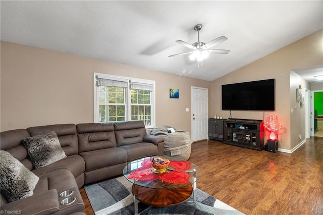516 John St, Eden, NC 27288 - living room featuring lofted ceiling, ceiling fan, wood finished floors, and baseboards