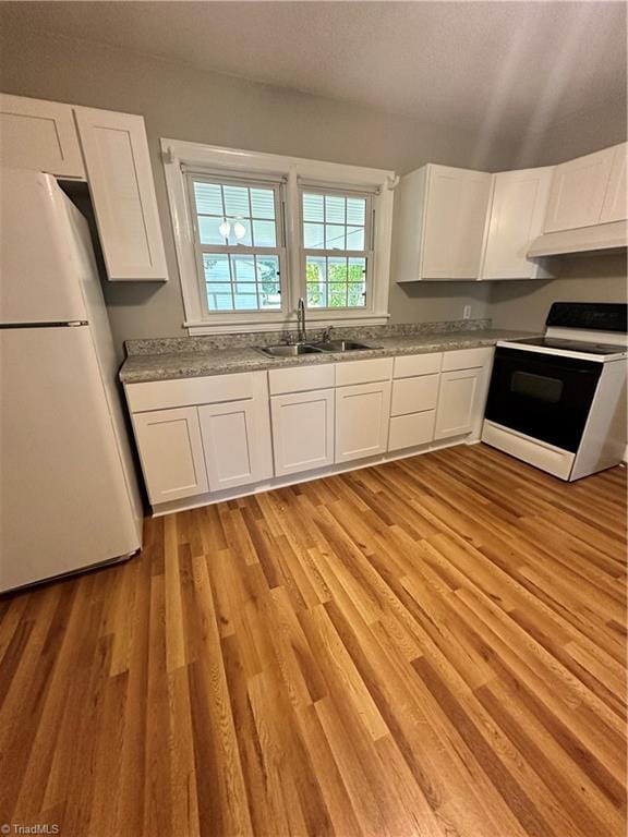 kitchen featuring white cabinetry, white appliances, sink, and light hardwood / wood-style floors