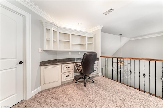 5216 Harley Stafford Dr, Oak Ridge, NC 27310 - office area featuring crown molding, carpet, and built in study area