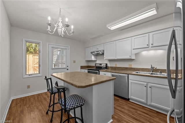 kitchen with white cabinetry, sink, stainless steel appliances, dark hardwood / wood-style floors, and a kitchen island