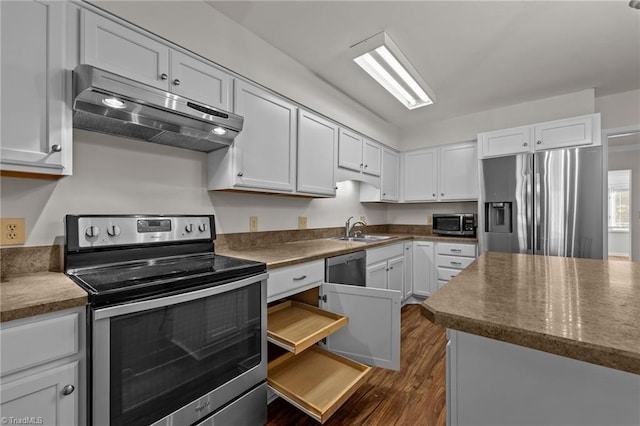 kitchen featuring white cabinetry, sink, dark wood-type flooring, and appliances with stainless steel finishes