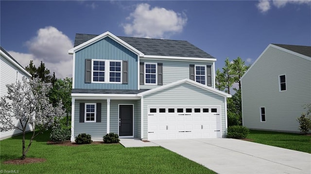 view of front facade with a front lawn and a garage