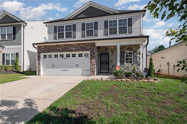 view of front of property featuring a garage, a porch, and a front lawn