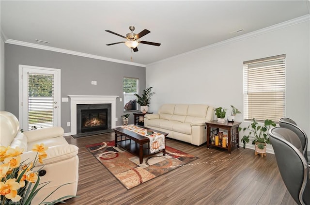 living room with dark wood-type flooring, crown molding, and ceiling fan