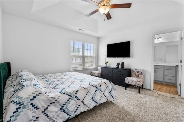 824 Sage Hill Dr, Jamestown, NC 27282 - bedroom with carpet flooring, ceiling fan, lofted ceiling, and connected bathroom