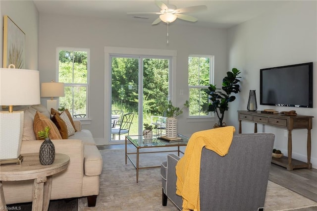 living room featuring ceiling fan and wood finished floors
