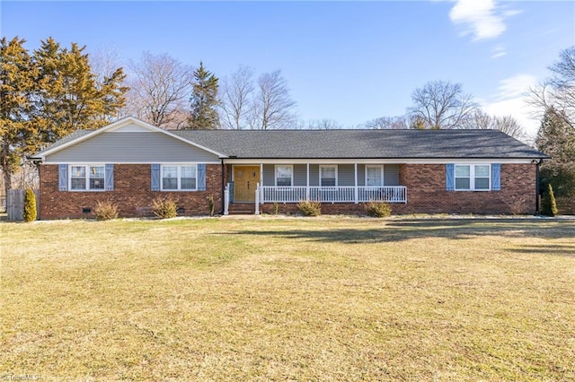 ranch-style house with crawl space, a porch, a front lawn, and brick siding