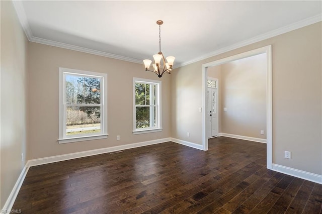 unfurnished dining area with a notable chandelier, dark hardwood / wood-style floors, and ornamental molding