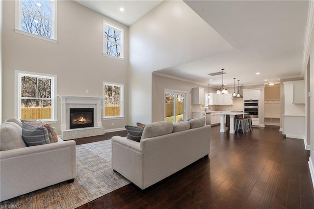 living room featuring crown molding, dark hardwood / wood-style floors, a high end fireplace, and a towering ceiling