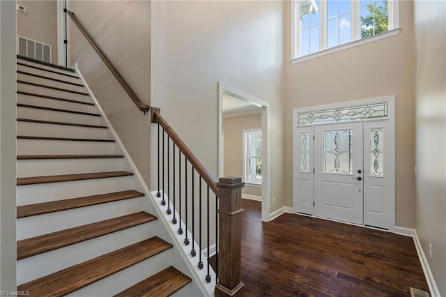 entrance foyer featuring a high ceiling and dark hardwood / wood-style floors