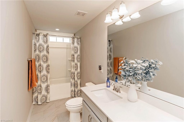 full bathroom with visible vents, toilet, shower / tub combo with curtain, marble finish floor, and vanity