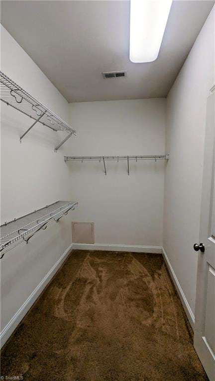 walk in closet with dark carpet