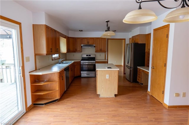 kitchen featuring extractor fan, stainless steel appliances, light wood-style floors, light countertops, and open shelves