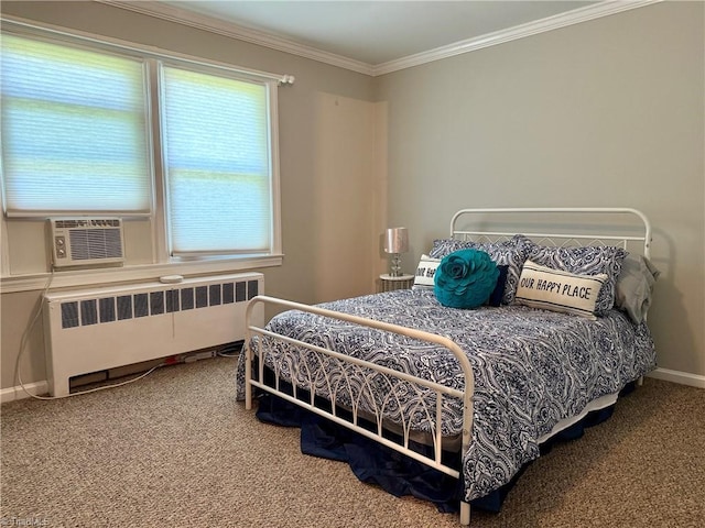 1500 Brent Ct Unit 9-B, Burlington, NC 27215 - carpeted bedroom featuring radiator heating unit, multiple windows, ornamental molding, cooling unit, and baseboards