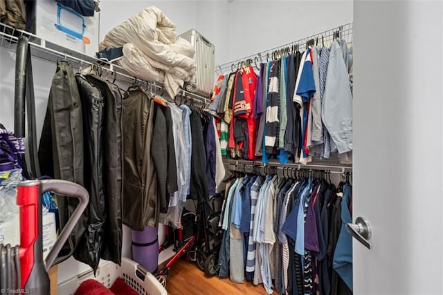 walk in closet with hardwood / wood-style floors