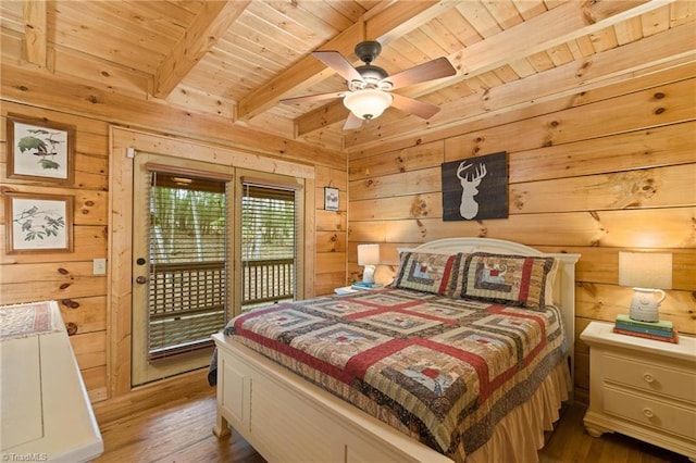 201 Cherokee Cir, Jefferson, NC 28640 - bedroom featuring wood walls, wood ceiling with exposed beams, access to exterior, wood finished floors, and ceiling fan