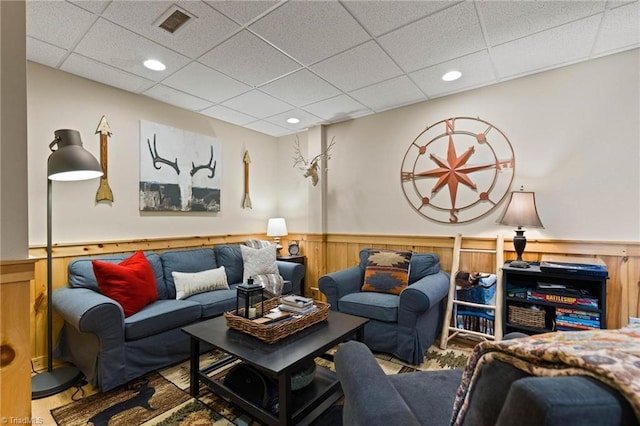 201 Cherokee Cir, Jefferson, NC 28640 - living area featuring wainscoting, a paneled ceiling, recessed lighting, wood finished floors, and wooden walls