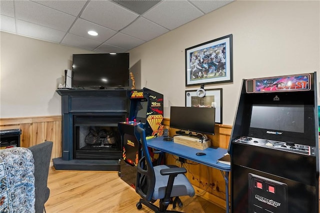 201 Cherokee Cir, Jefferson, NC 28640 - office space featuring wainscoting, wood finished floors, a paneled ceiling, and wooden walls