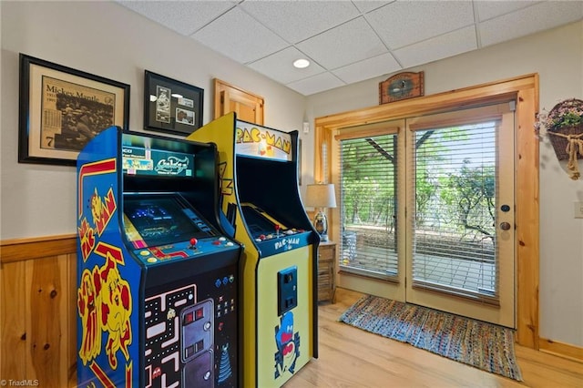 201 Cherokee Cir, Jefferson, NC 28640 - playroom featuring a drop ceiling, wood finished floors, and a wainscoted wall