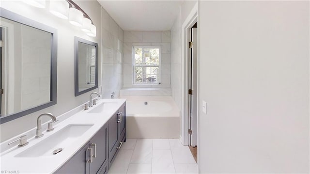 bathroom with vanity and a washtub